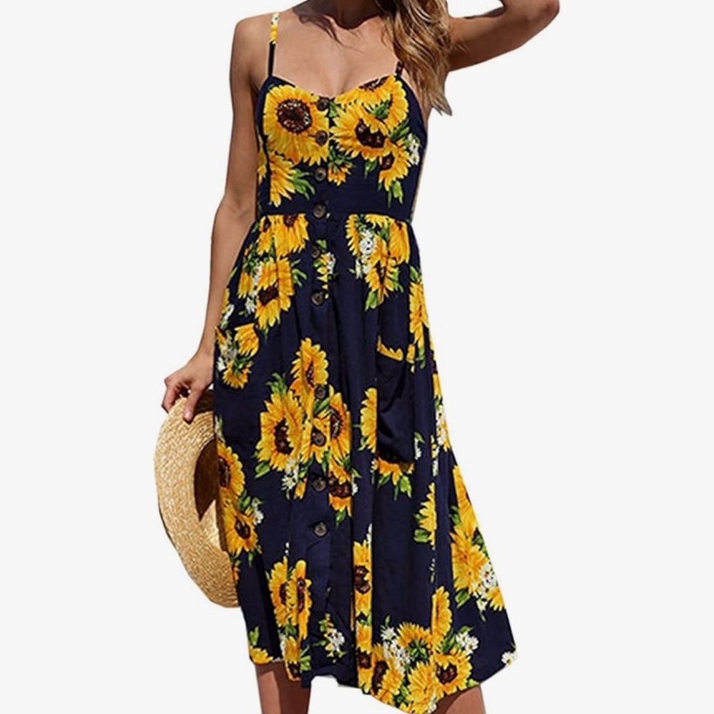 Sunflower Print Button Down Midi Navy Dress